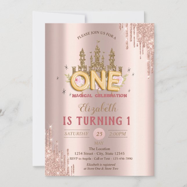 Gold Glitter Castle,Rose Gold Drips 1st Birthday  Inbjudningar (Framsida)