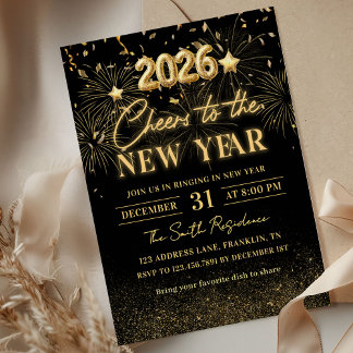 Gold Glitter Cheers to the New Year Invitation Inbjudningar