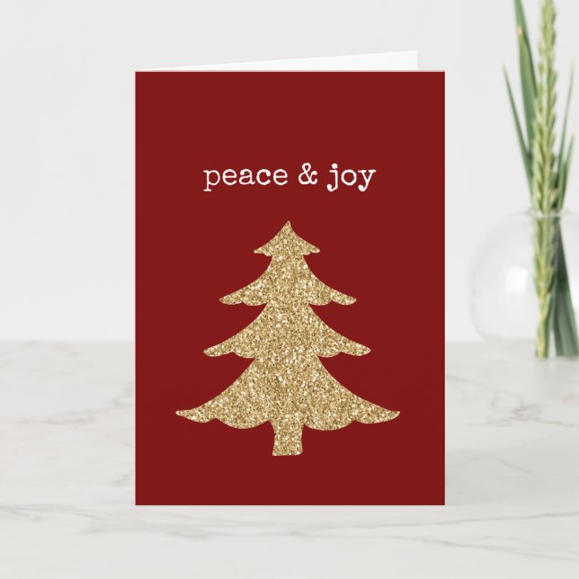 Gold Glitter Christmas Tree Red Peace Joy Kort (Framsida)