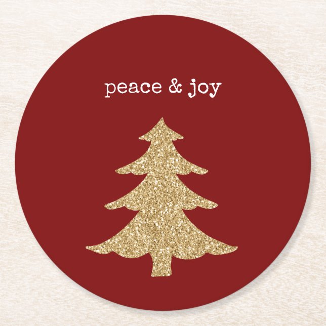 Gold Glitter Christmas Tree Red Peace Underlägg Papper Rund (Framsidan)