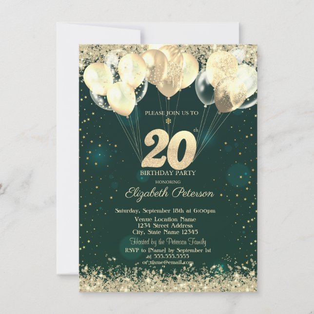 Gold Glitter Confetti Balloons Green 20th Birthday Inbjudningar (Framsida)