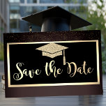 Gold Glitter Confetti Brown Grad Save The Date Spara Datumet<br><div class="desc">Elegant gold glitter graduated cap,  and confetti on a brown background.</div>
