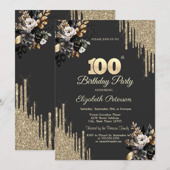 Gold Glitter Drips Black Roses Dark 100th Inbjudningar (Fram/baksida)