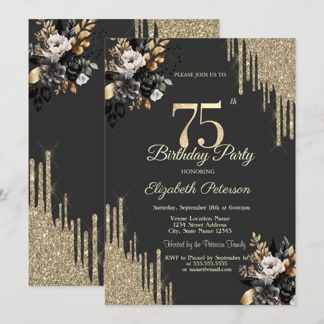 Gold Glitter Drips Black Roses Dark 75th Birthday Inbjudningar (Fram/baksida)