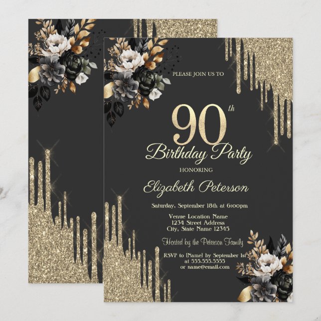 Gold Glitter Drips Black Roses Dark 90th Birthday Inbjudningar (Fram/baksida)