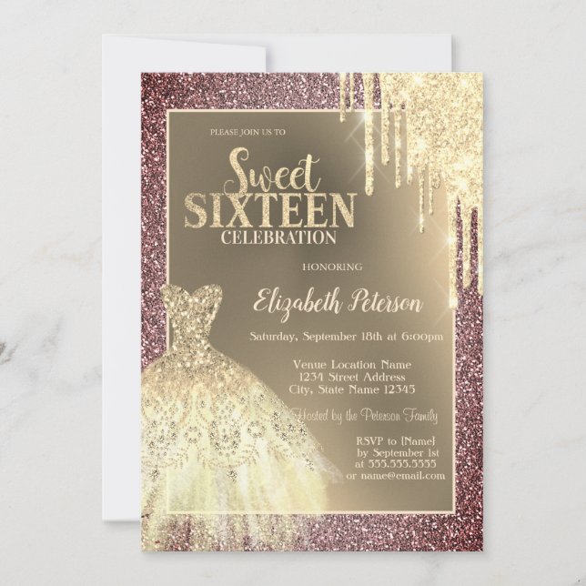 Gold Glitter Drips,Dress Glitter Sweet 16 Inbjudningar (Framsida)