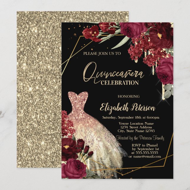 Gold Glitter Drips,Dress Red Roses Quinceañera Inbjudningar (Fram/baksida)
