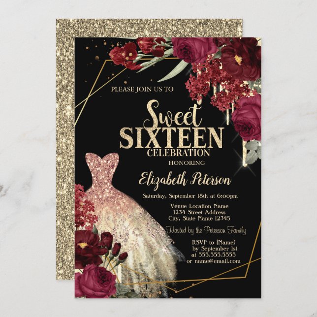 Gold Glitter Drips,Dress Red Roses Sweet 16 Inbjudningar (Fram/baksida)