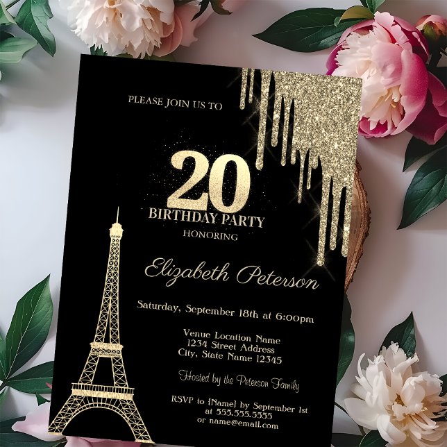 Gold Glitter Drips, Eiffel Tower 20th Birthday Inbjudningar (Skapare uppladdad)