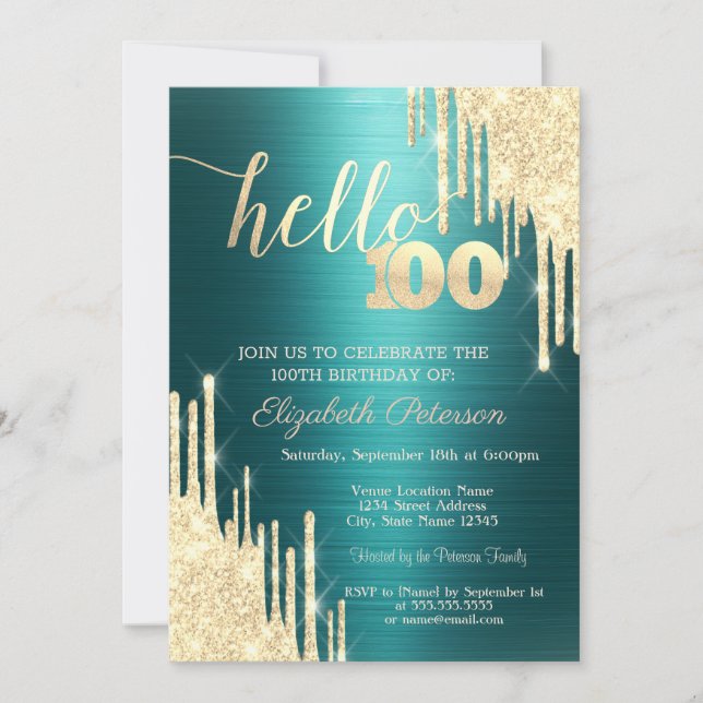 Gold Glitter Drips Green Metallic 100th Birthday Inbjudningar (Framsida)