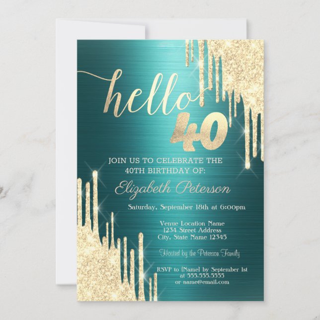 Gold Glitter Drips Green Metallic 40th Birthday Inbjudningar (Framsida)