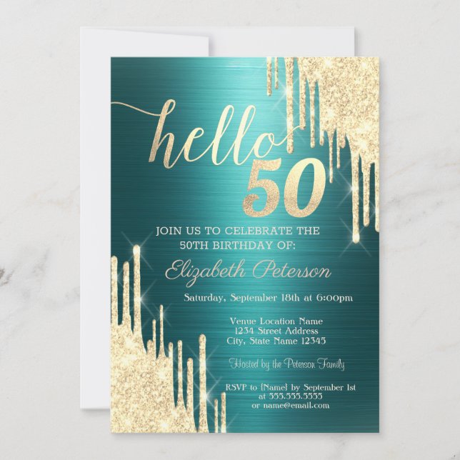 Gold Glitter Drips Green Metallic 50th Birthday Inbjudningar (Framsida)
