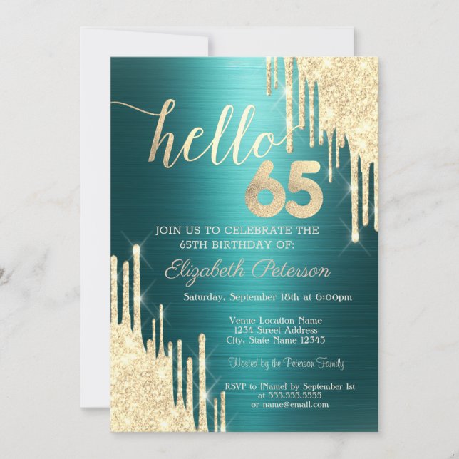 Gold Glitter Drips Green Metallic 65th Birthday Inbjudningar (Framsida)