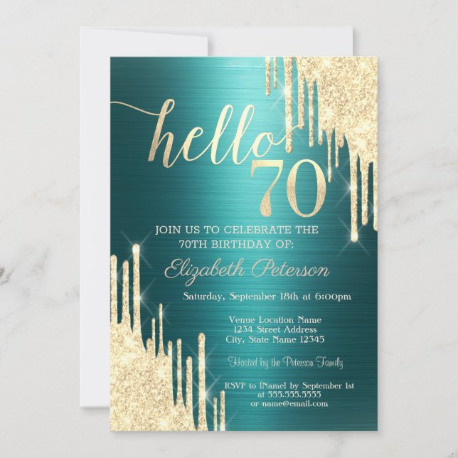 Gold Glitter Drips Green Metallic 70th Birthday Inbjudningar (Framsida)
