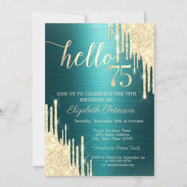 Gold Glitter Drips Green Metallic 75th Birthday Inbjudningar (Framsida)