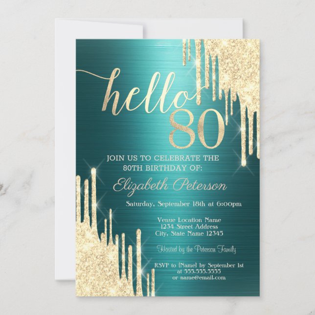Gold Glitter Drips Green Metallic 80th Birthday Inbjudningar (Framsida)