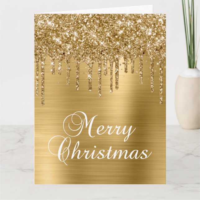 Gold Glitter Drips Metallic Merry Christmas Kort (Framsida)