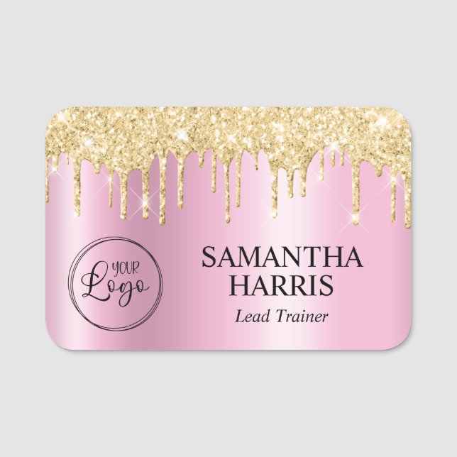Gold Glitter Drips Pink Shimmer Namnbricka (Framsida)