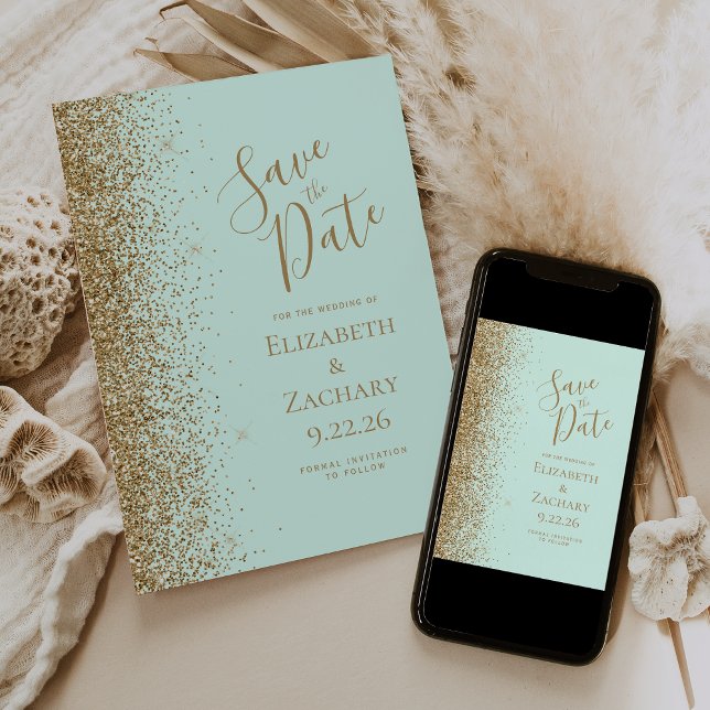 Gold Glitter Edge Mint Green Save the Date Meddelande (Skapare uppladdad)