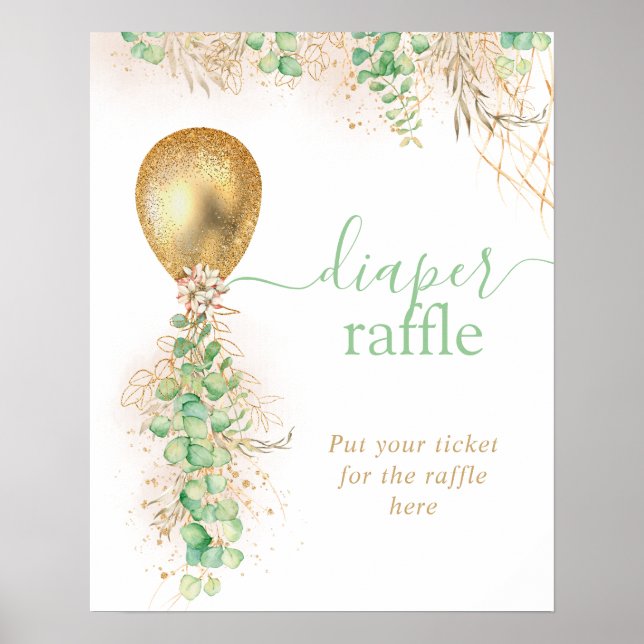 Gold Glitter Eucalyptus Balloon Diaper Raffle Poster (Framsidan)