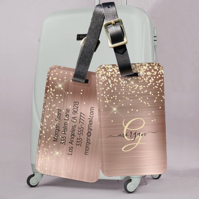 Gold Glitter, Gold Monogram, Black Script Name Bagagebricka (Skapare uppladdad)