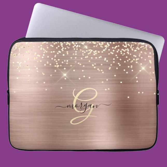 Gold Glitter, Gold Monogram, Black Script Name Laptop Fodral (Skapare uppladdad)