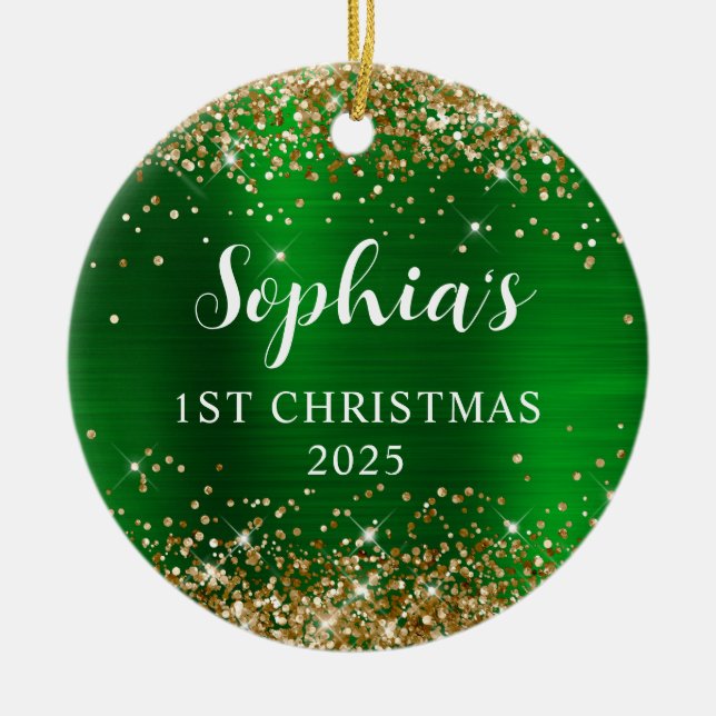 Gold Glitter Green Faux Foil 1st Christmas Photo Julgransprydnad Keramik (Framsidan)