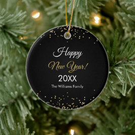 Gold Glitter Happy New Year Black Julgransprydnad Keramik