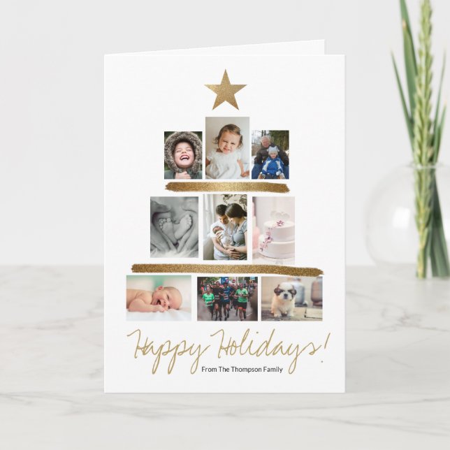 Gold Glitter Holiday Tree Multi Photo Christmas Helgkort (Framsida)