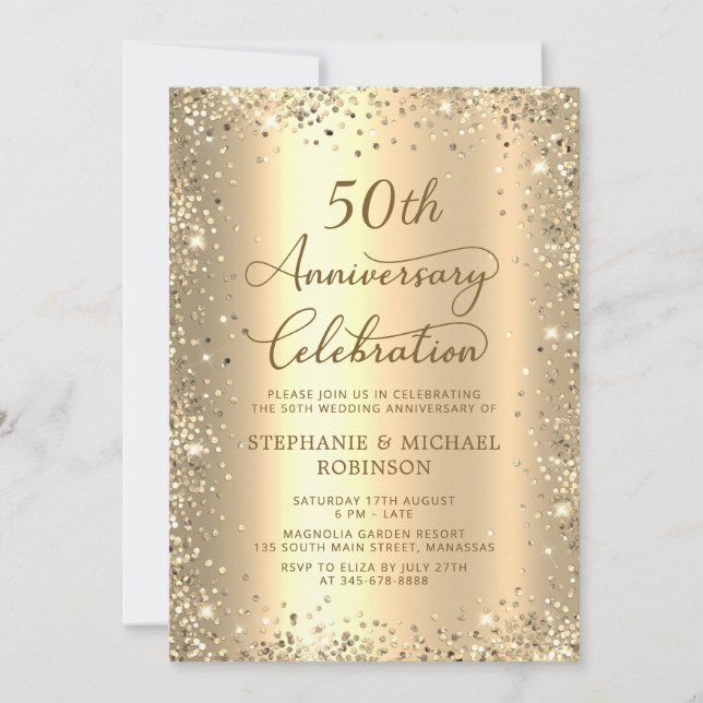 Gold Glitter Metallic 50th Wedding Anniversary Inbjudningar (Framsida)