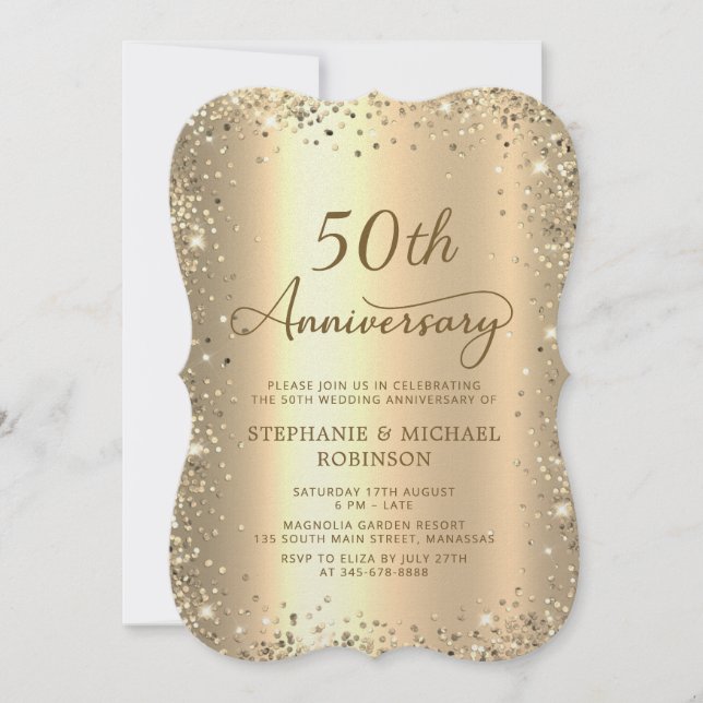 Gold Glitter Metallic 50th Wedding Anniversary Inbjudningar (Framsida)