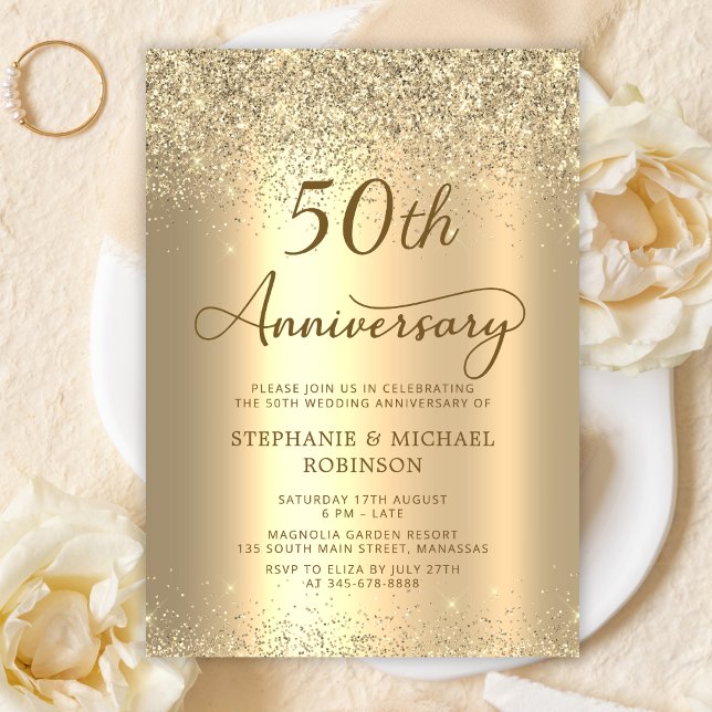 Gold Glitter Metallic 50th Wedding Anniversary Inbjudningar (Skapare uppladdad)