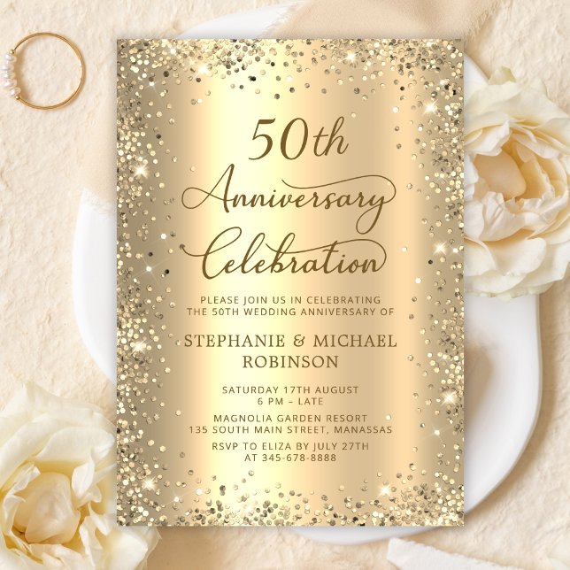 Gold Glitter Metallic 50th Wedding Anniversary Inbjudningar (Skapare uppladdad)