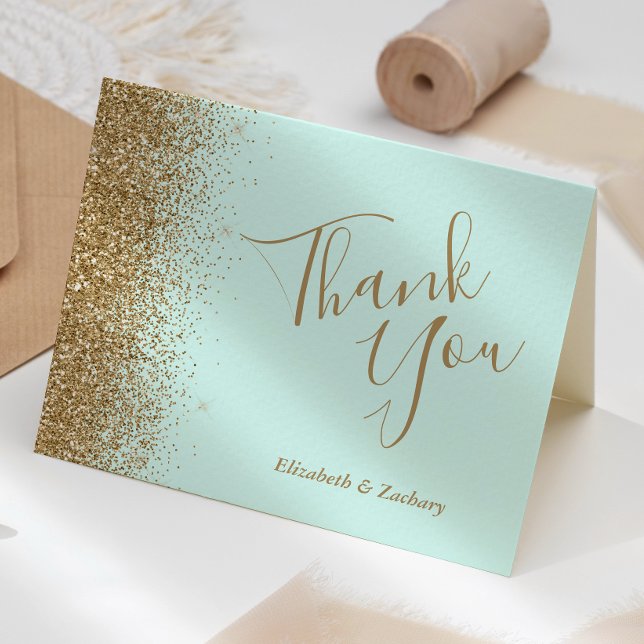 Gold Glitter Mint Green Wedding Thank You Kort (Skapare uppladdad)