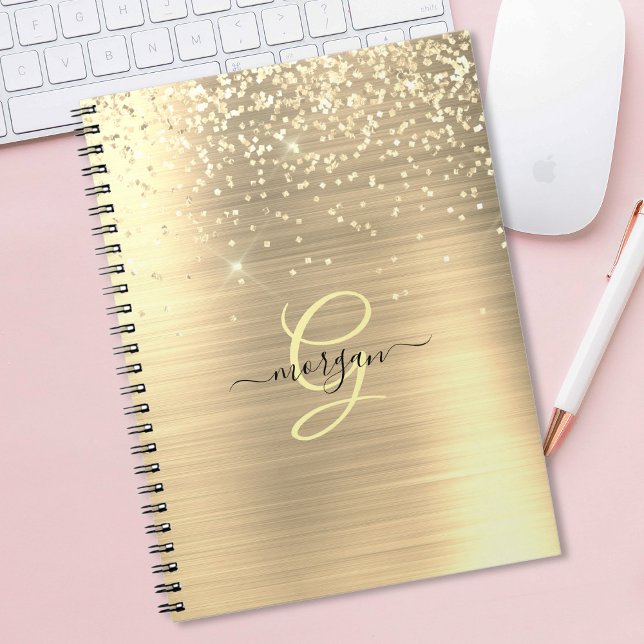 Gold Glitter & Monogram, Black Script Name Anteckningsbok (Skapare uppladdad)