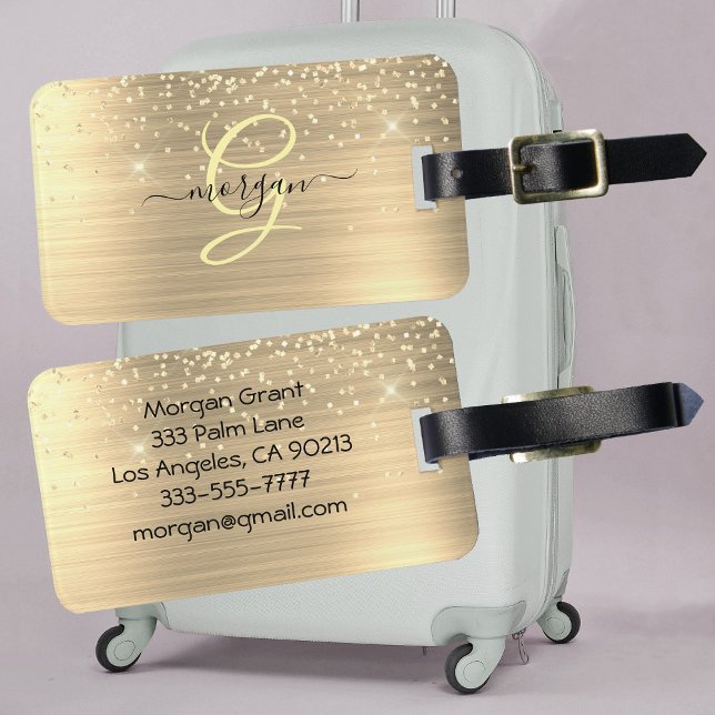 Gold Glitter & Monogram, Black Script Name, Vs 2 Bagagebricka (Skapare uppladdad)