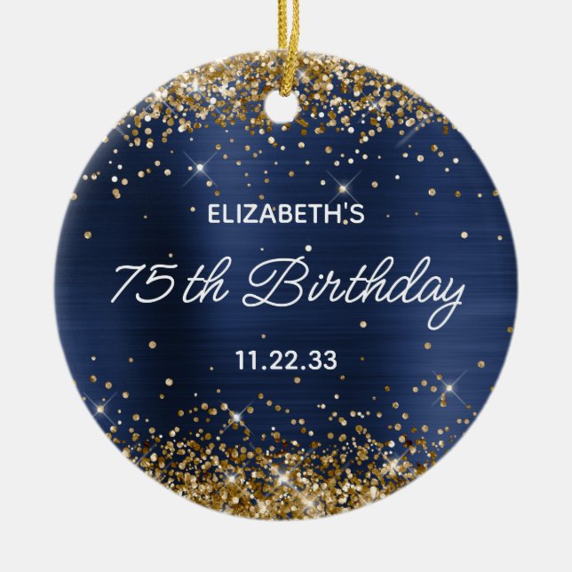 Gold Glitter Navy Blue Foil 75th Birthday Photo Julgransprydnad Keramik (Framsidan)