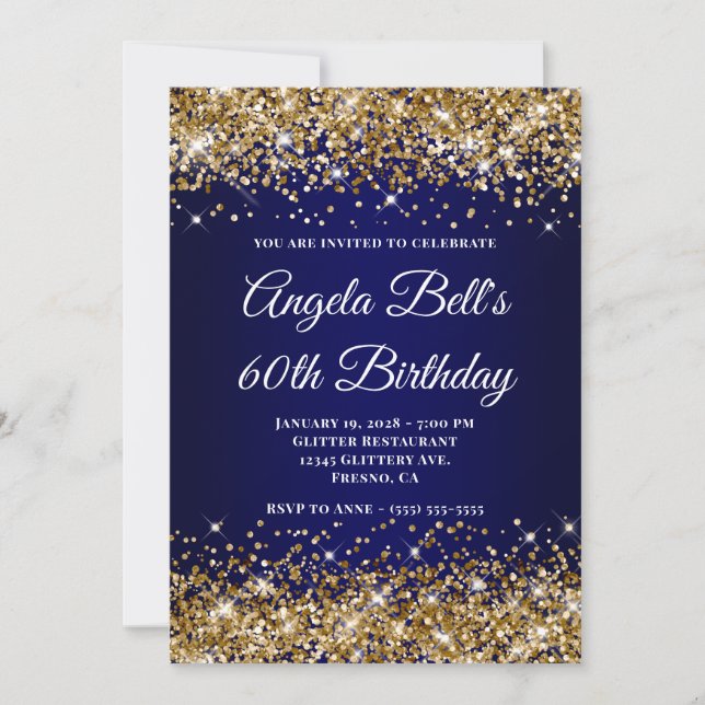 Gold Glitter Navy Blue Ombre 60th Birthday Inbjudningar (Framsida)