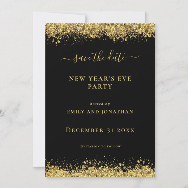 Gold Glitter New Year Party Black Save Date card Inbjudningar (Framsida)