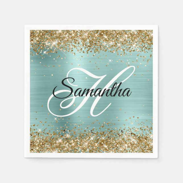 Gold Glitter Pale Turquoise Foil Monogram Pappersservett (Framsidan)