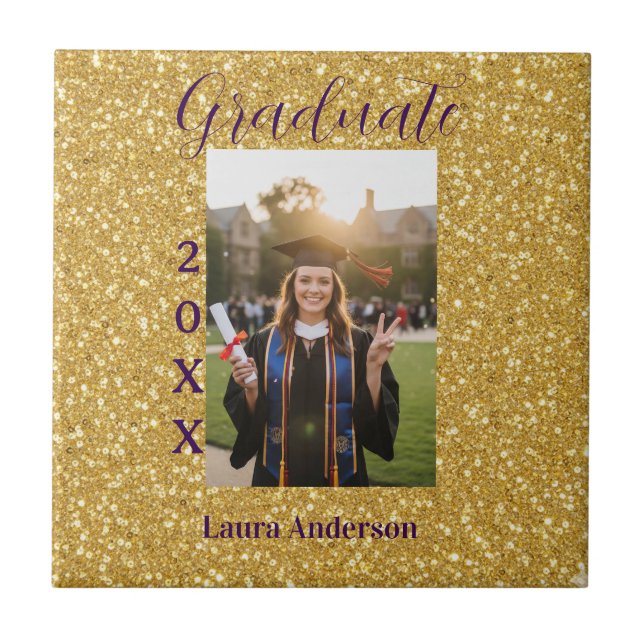 Gold glitter photo graduation add name class text kakelplatta (Framsidan)