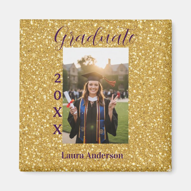 Gold glitter photo graduation add name class text magnet (Framsidan)