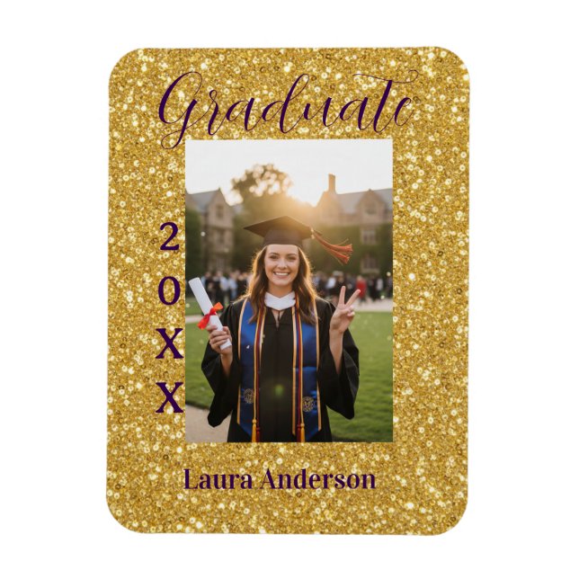Gold glitter photo graduation add name class text magnet (Vertikal)