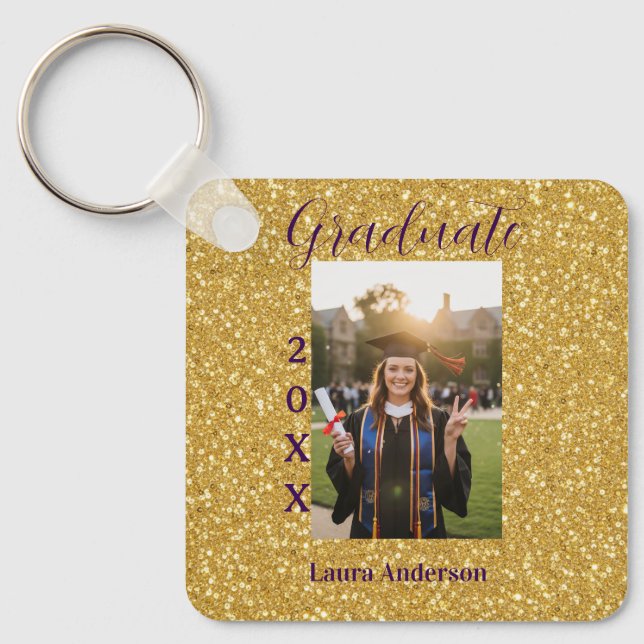 Gold glitter photo graduation add name class text nyckelring (Framsida)