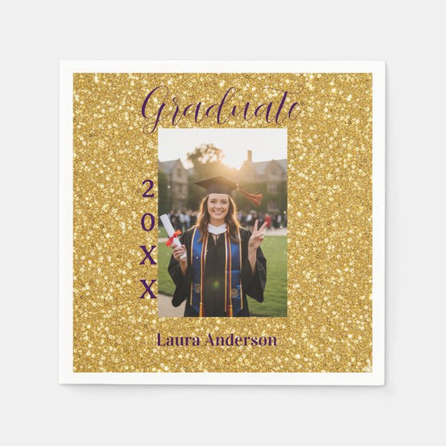 Gold glitter photo graduation add name class text pappersservett (Framsidan)