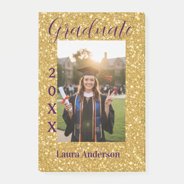 Gold glitter photo graduation add name class text post-it block (Framsida)