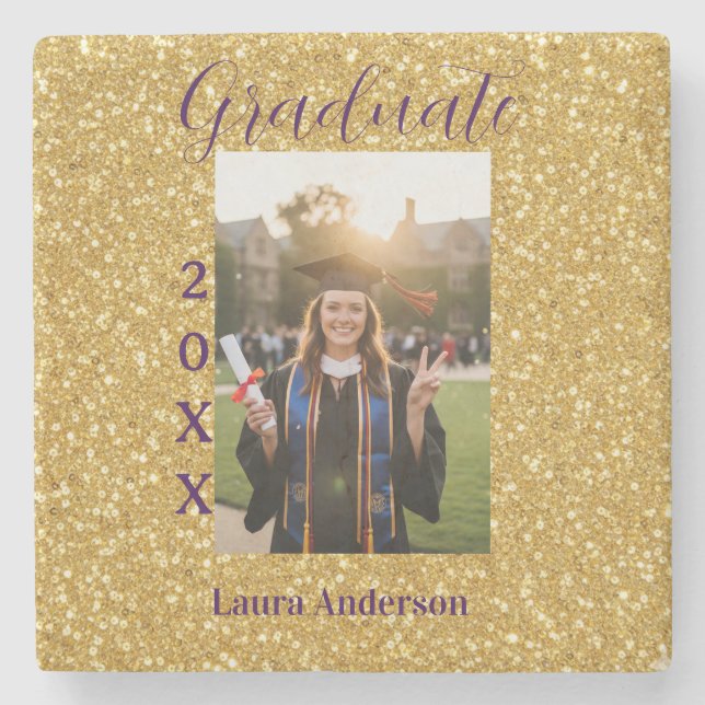 Gold glitter photo graduation add name class text stenunderlägg (Framsidan)