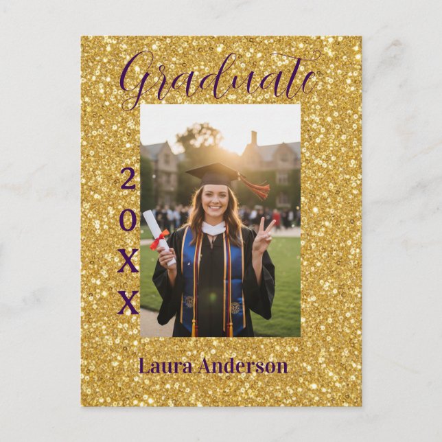 Gold glitter photo graduation add name class text vykort (Framsida)