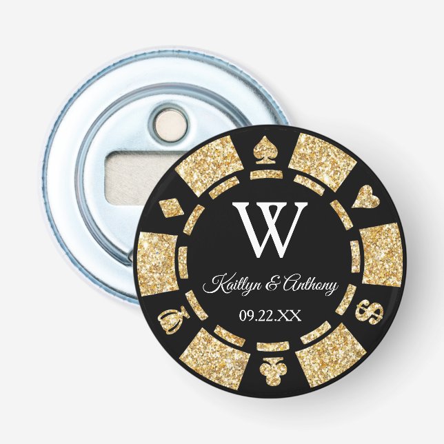 Gold Glitter Poker Chip Casino Wedding Party Favor Flasköppnare (Framsidan)