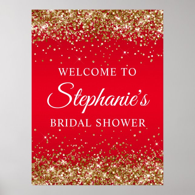 Gold Glitter Red Bridal Shower Welcome Poster (Framsidan)
